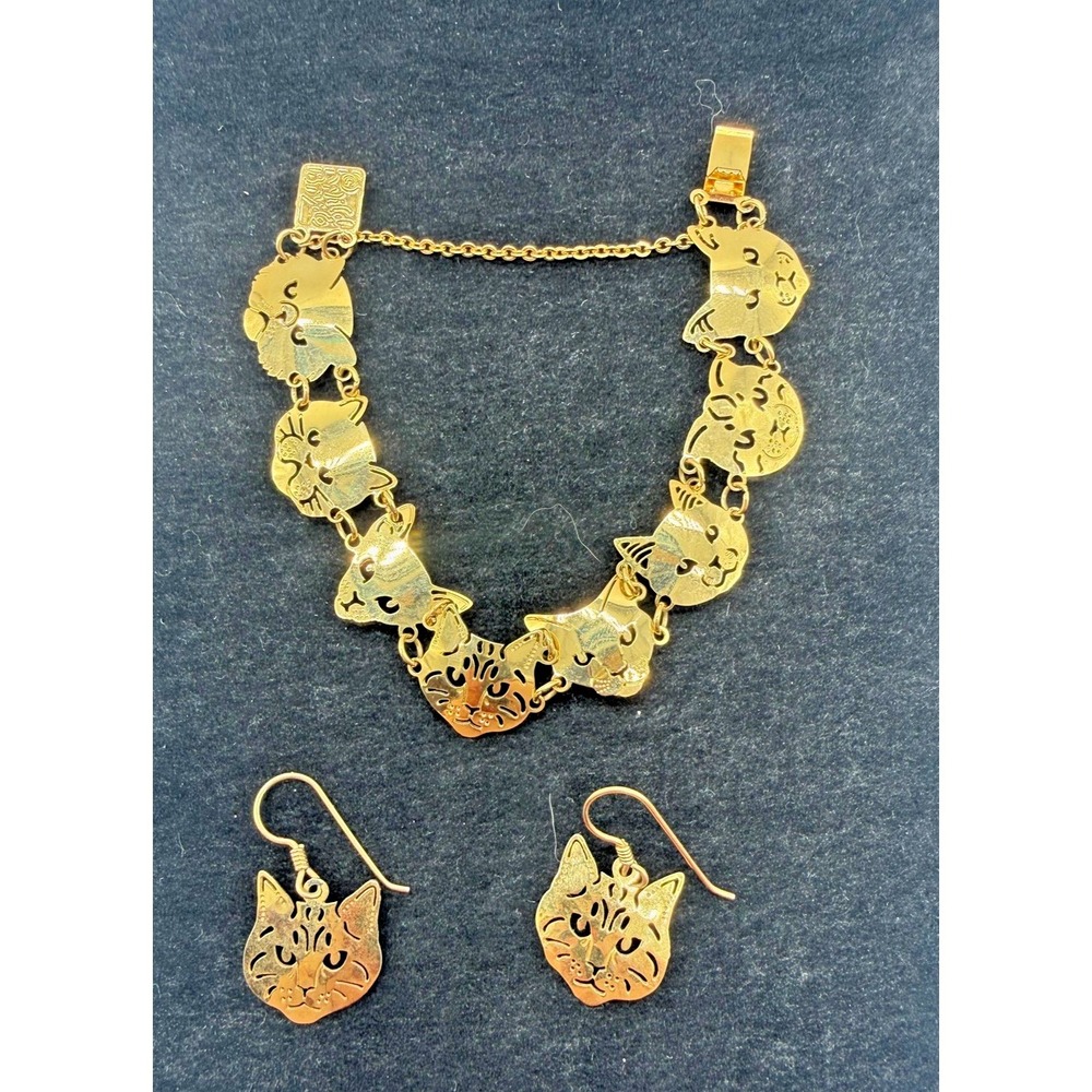 Wild‎ Bryde Cat Bracelet Earrings Set Gold Tone Dangle Feline Jewelry Art